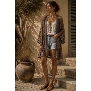 Boho Crochet DusterCardigan Open Knot Kimono Taupe Festival Beach Coverup